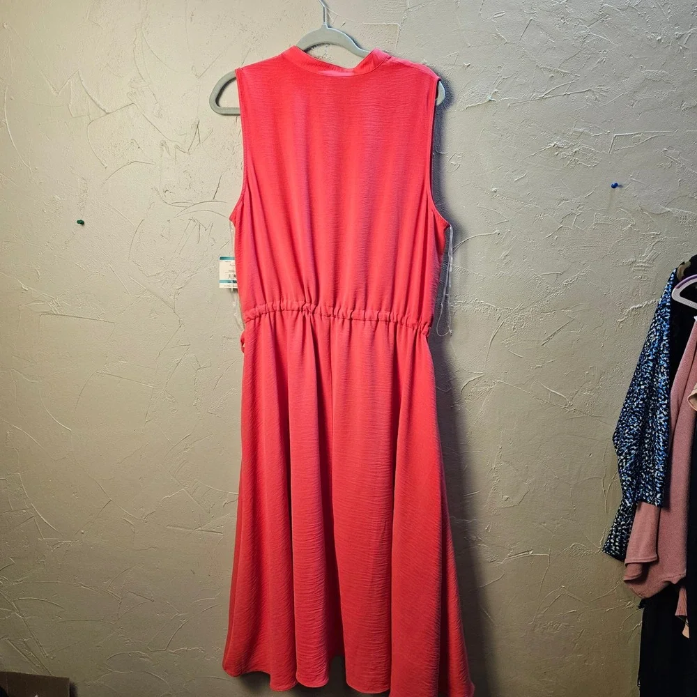 Anne Klein Coral Pink Sleeveless Split Neck Drawstring Waist Midi Dress 16 NEW - Picture 10 of 12